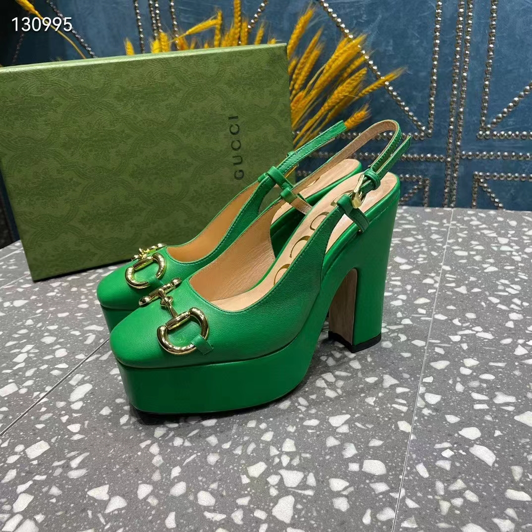 Gucci Women GG High Heel Pump Horsebit Green Leather Sole 12 Cm Heel