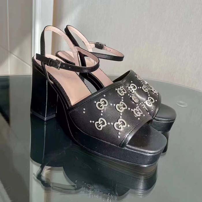 Gucci Women GG Interlocking G Studs Sandal Black Leather Mid 8 Cm Heel