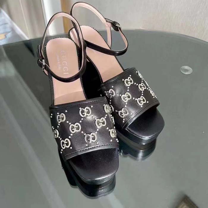 Gucci Women GG Interlocking G Studs Sandal Black Leather Mid 8 Cm Heel