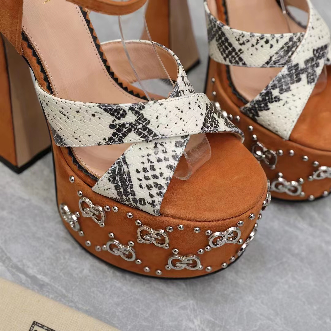 Gucci Women GG Interlocking G Studs Sandal Python Print Leather Camel Suede 15 Cm Heel