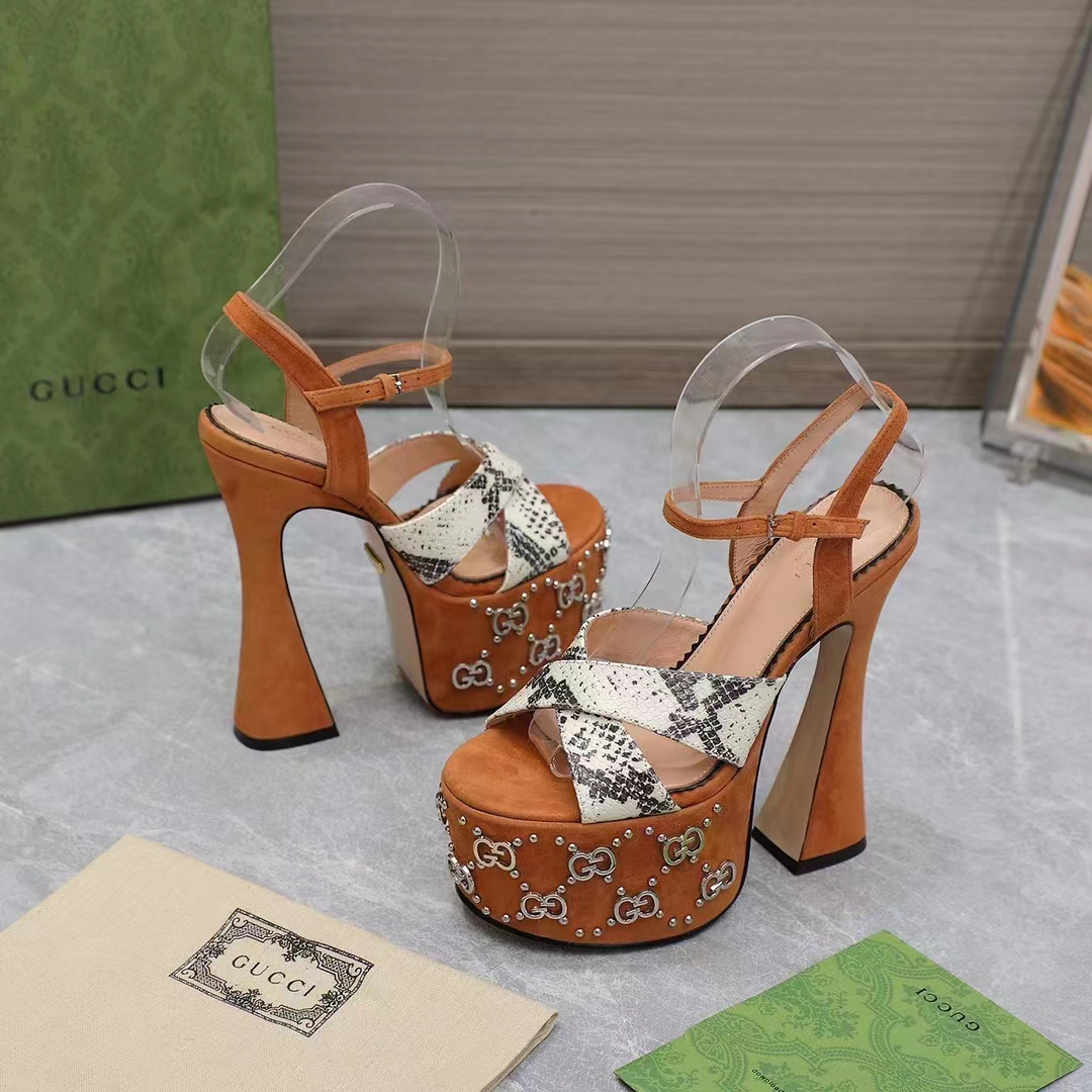 Gucci Women GG Interlocking G Studs Sandal Python Print Leather Camel Suede 15 Cm Heel