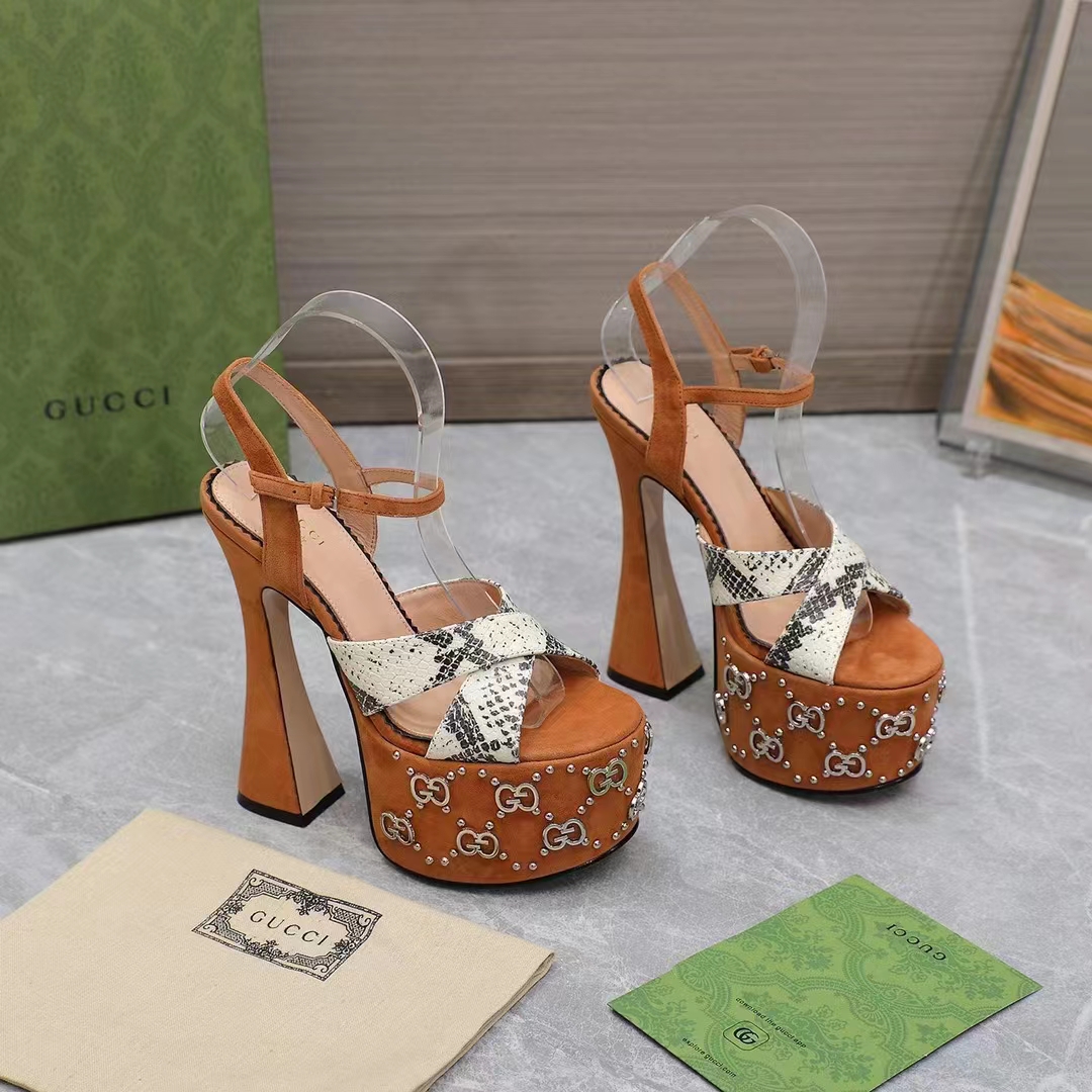 Gucci Women GG Interlocking G Studs Sandal Python Print Leather Camel Suede 15 Cm Heel