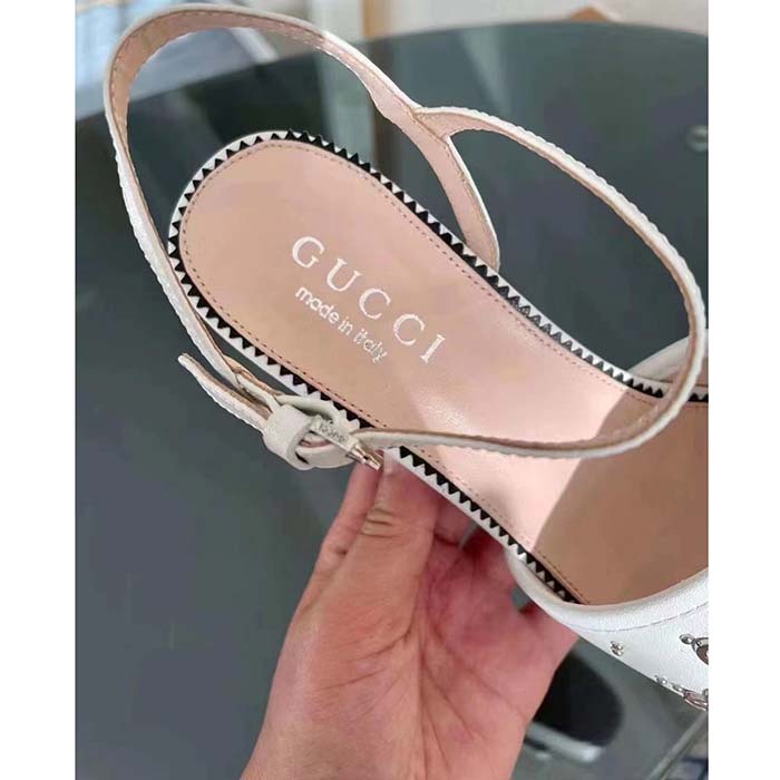 Gucci Women GG Interlocking G Studs Sandal White Leather Mid 8 Cm Heel