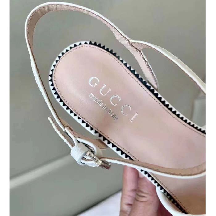 Gucci Women GG Interlocking G Studs Sandal White Leather Mid 8 Cm Heel