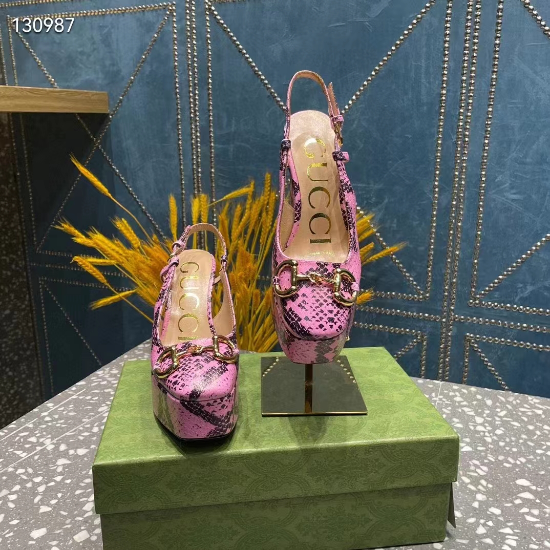 Gucci Women GG Python Print High Heel Pump Horsebit Leather Sole 12 Cm Heel