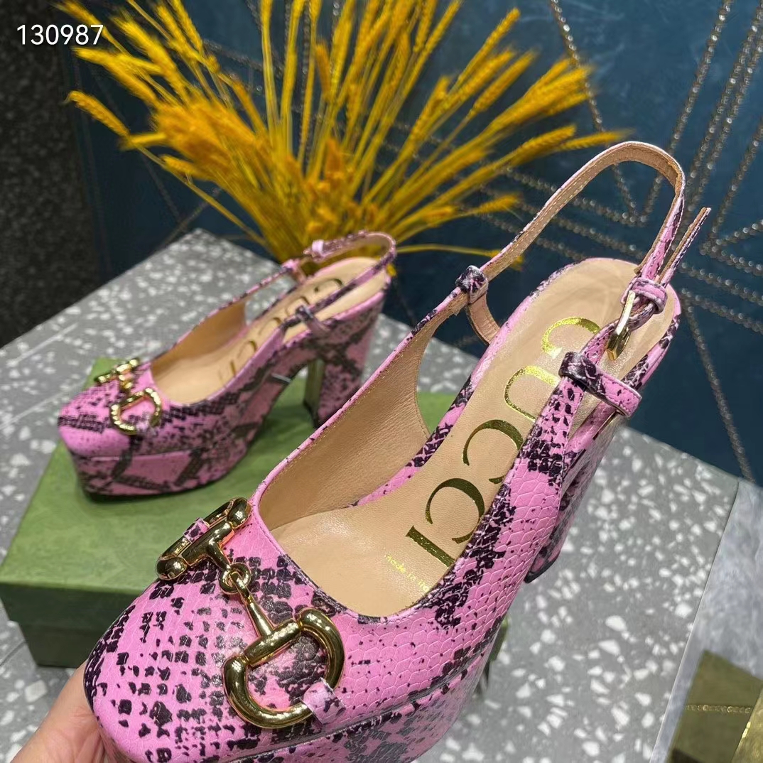 Gucci Women GG Python Print High Heel Pump Horsebit Leather Sole 12 Cm Heel