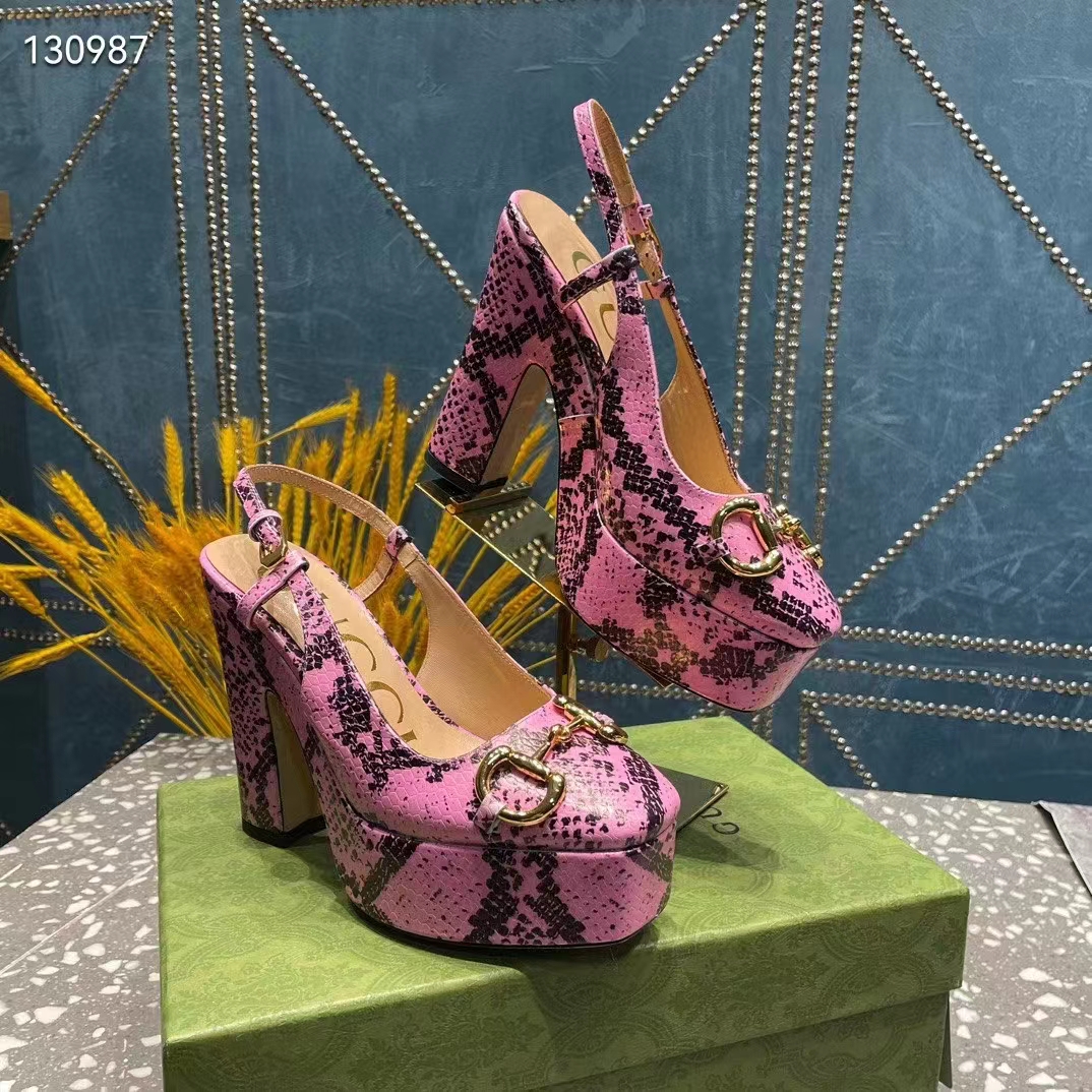 Gucci Women GG Python Print High Heel Pump Horsebit Leather Sole 12 Cm Heel