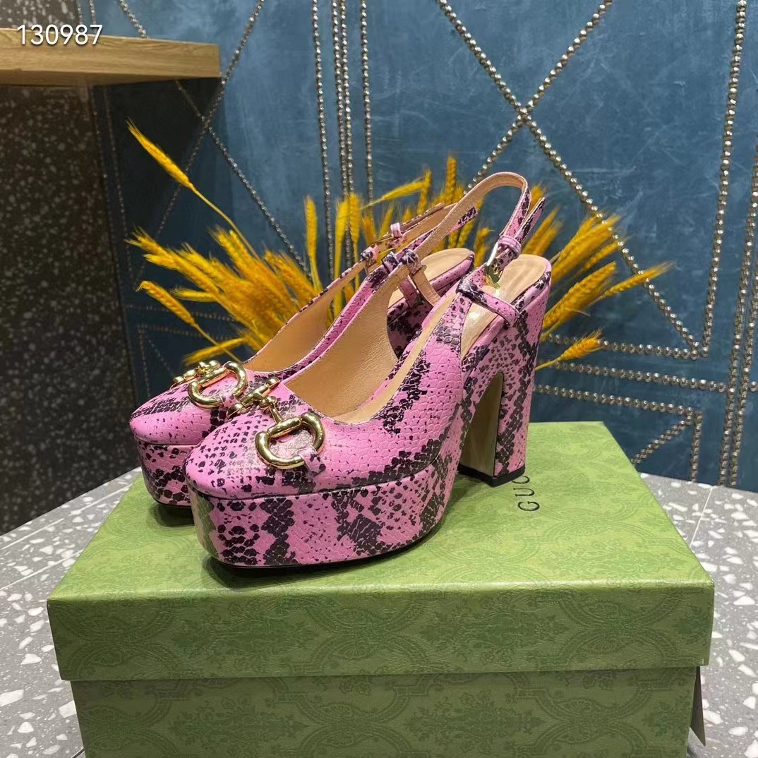 Gucci Women GG Python Print High Heel Pump Horsebit Leather Sole 12 Cm Heel