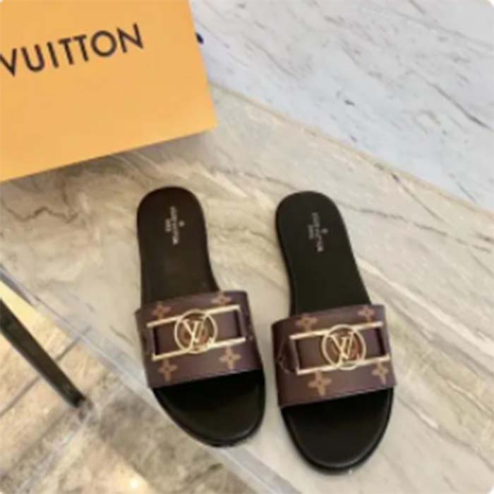 Louis Vuitton LV Women Lock It Flat Mule Brown Patent Monogram Canvas Leather