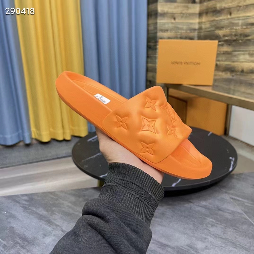 Louis Vuitton LV Unisex Waterfront Mule Orange Monogram Embossed Rubber Waterproof