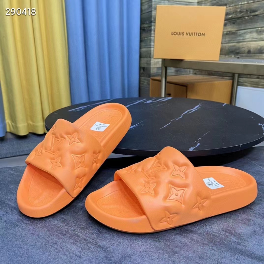 Louis Vuitton LV Unisex Waterfront Mule Orange Monogram Embossed Rubber Waterproof