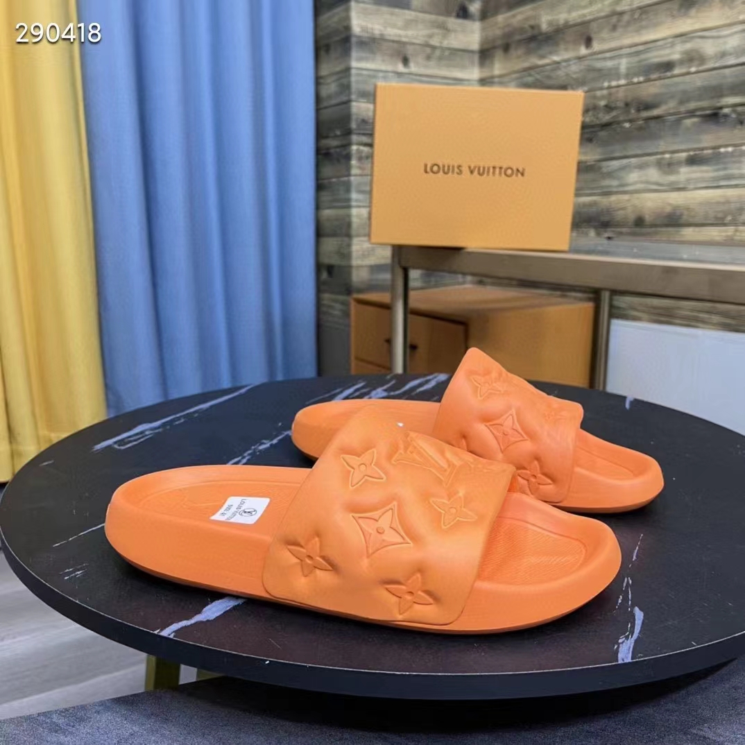 Louis Vuitton LV Unisex Waterfront Mule Orange Monogram Embossed Rubber Waterproof