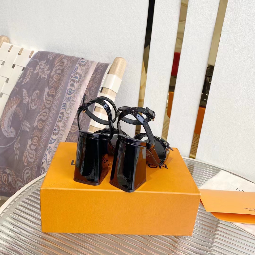 Louis Vuitton LV Women Shake Sandal Black Patent Calf Leather 9.5 Cm Heel