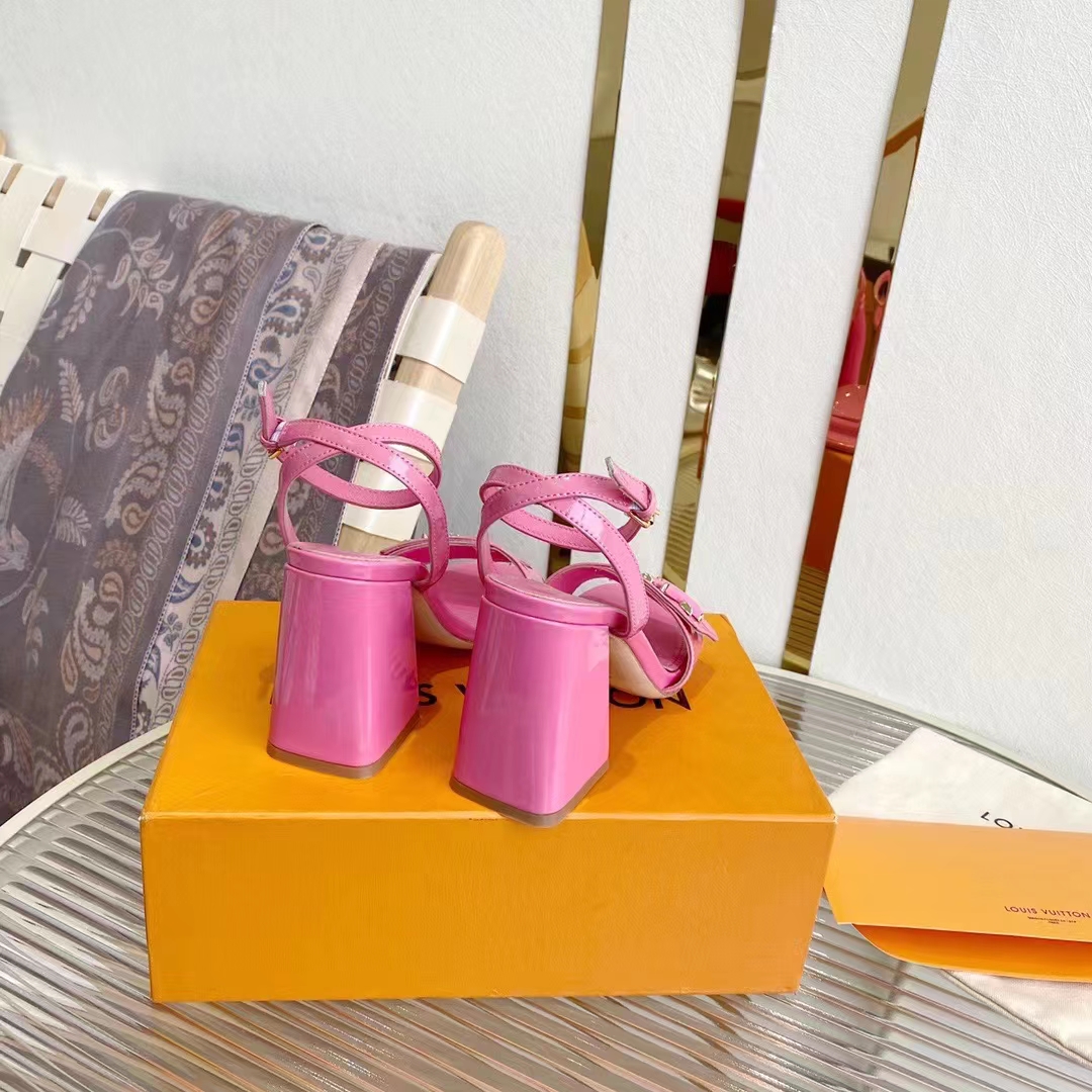 Louis Vuitton LV Women Shake Sandal Pink Patent Calf Leather 9.5 Cm Heel