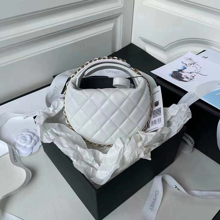 Chanel Women CC Small Flap Hobo Bag Grained Calfskin Gold Tone Metal White