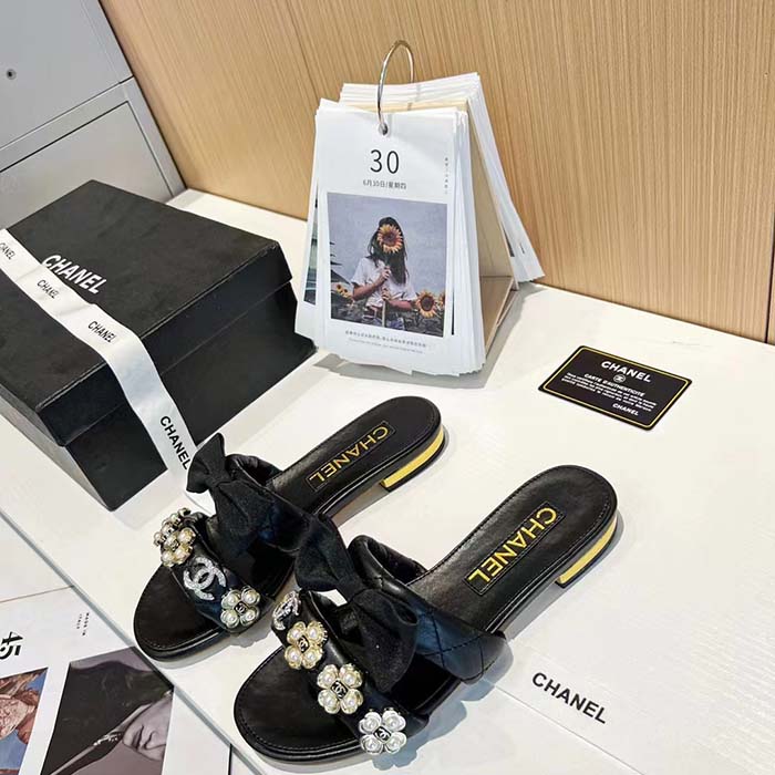 Chanel Women Mules Lambskin Black White 1.5 Cm Heel