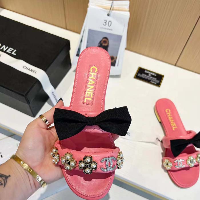 Chanel Women Mules Lambskin Pink Black 1.5 Cm Heel