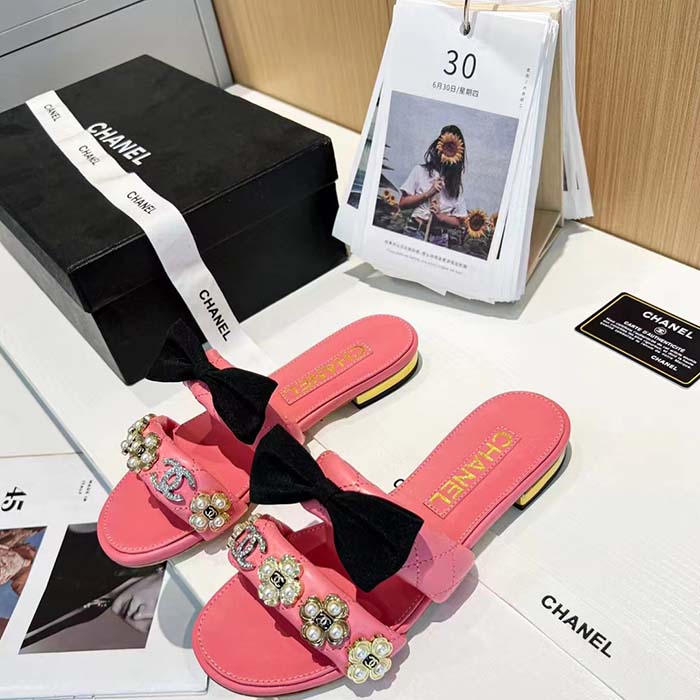 Chanel Women Mules Lambskin Pink Black 1.5 Cm Heel