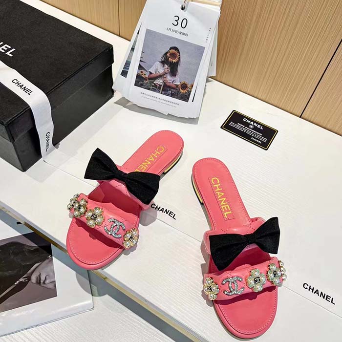 Chanel Women Mules Lambskin Pink Black 1.5 Cm Heel