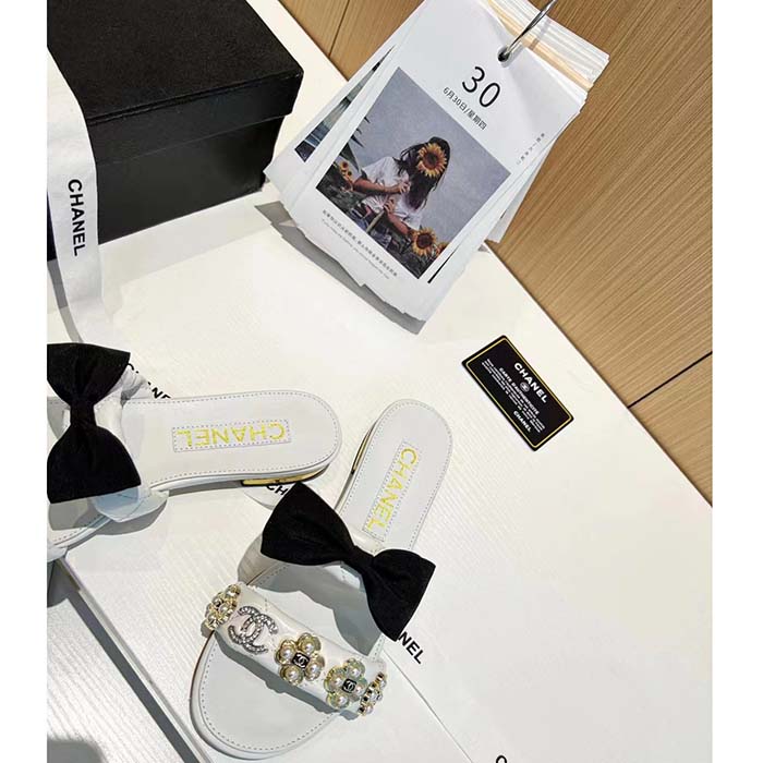 Chanel Women Mules Lambskin White Black 1.5 Cm Heel
