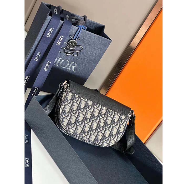 Dior Unisex CD Saddle Pouch Strap Beige Black Oblique Jacquard Black Grained Calfskin