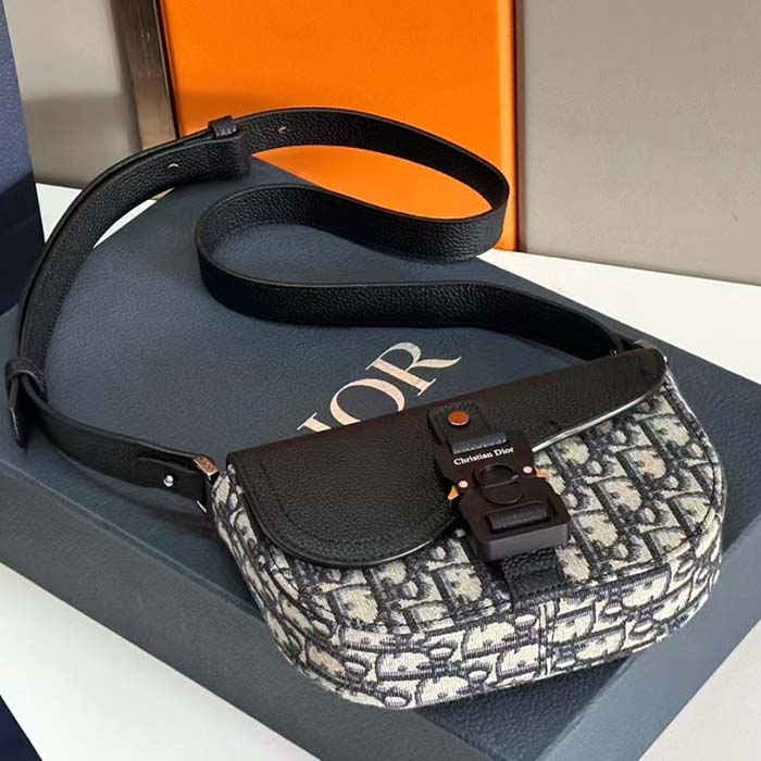 Dior Unisex CD Saddle Pouch Strap Beige Black Oblique Jacquard Black Grained Calfskin