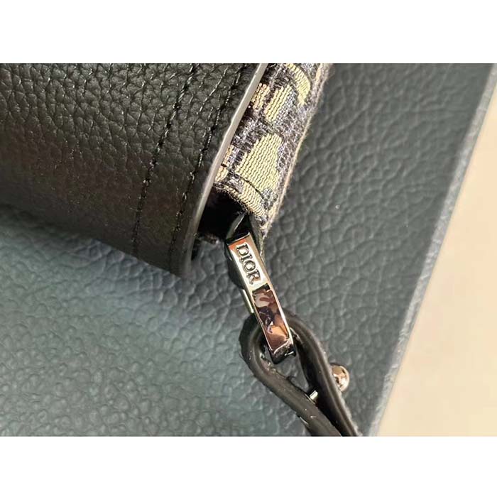 Dior Unisex CD Saddle Pouch Strap Beige Black Oblique Jacquard Black Grained Calfskin