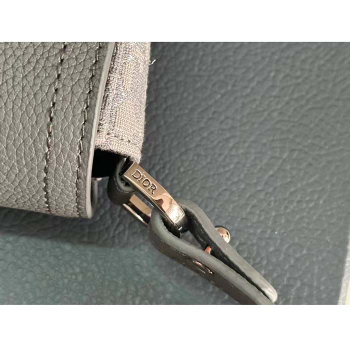 Dior Unisex CD Saddle Pouch Strap Black Grey Oblique Jacquard Grained Calfskin