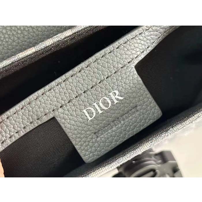 Dior Unisex CD Saddle Pouch Strap Black Grey Oblique Jacquard Grained Calfskin