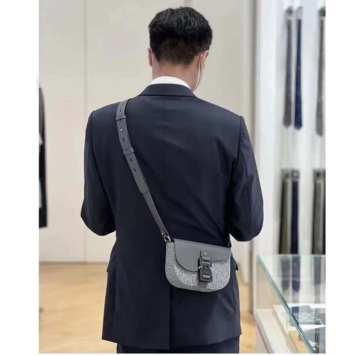 Dior Unisex CD Saddle Pouch Strap Black Grey Oblique Jacquard Grained Calfskin