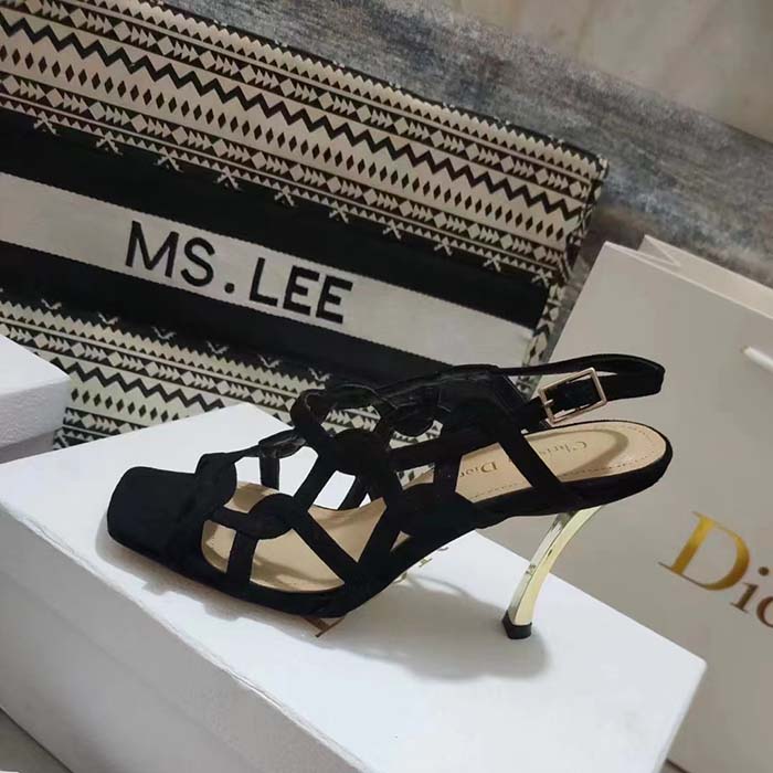 Dior Women CD D-Fame Heeled Sandal Black Suede Calfskin