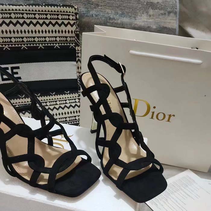 Dior Women CD D-Fame Heeled Sandal Black Suede Calfskin