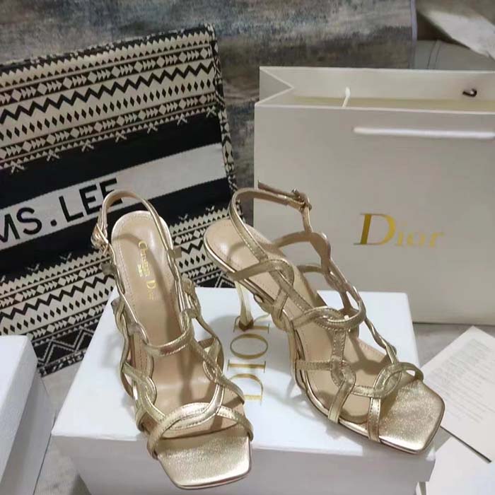 Dior Women CD D-Fame Heeled Sandal Gold-Tone Laminated Lambskin