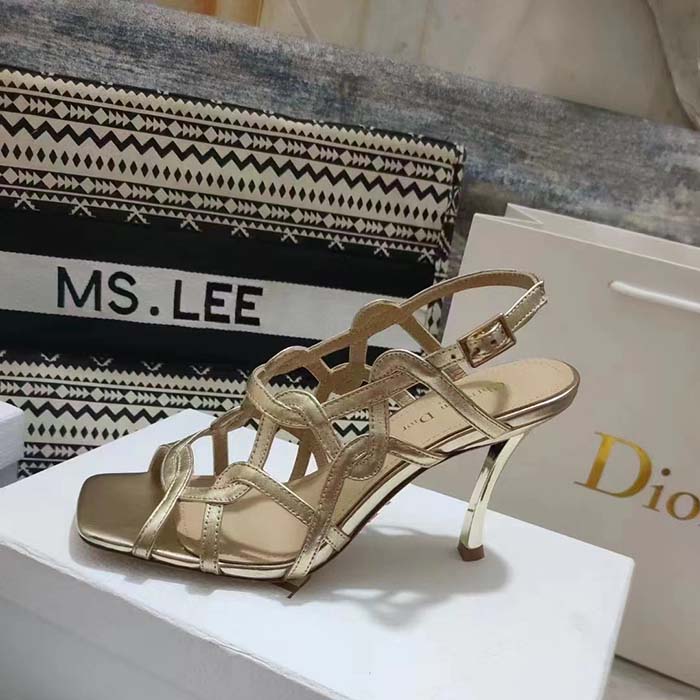 Dior Women CD D-Fame Heeled Sandal Gold-Tone Laminated Lambskin