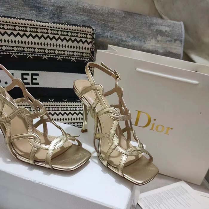 Dior Women CD D-Fame Heeled Sandal Gold-Tone Laminated Lambskin