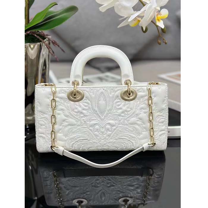Dior Women CD Medium D-Joy Bag Latte Quilted-Effect Lambskin Ornamental Motif