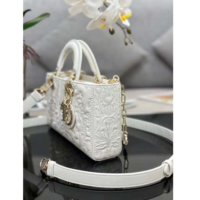 Dior Women CD Medium D-Joy Bag Latte Quilted-Effect Lambskin Ornamental Motif