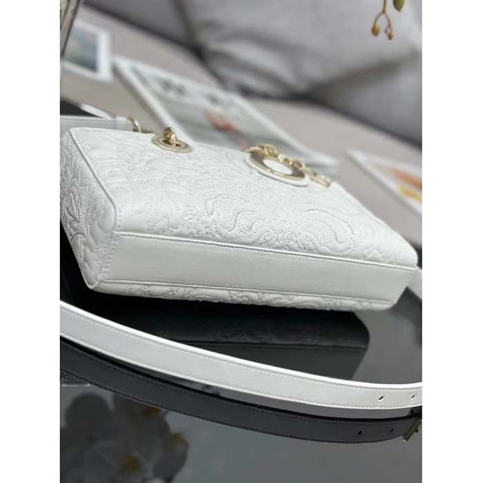 Dior Women CD Medium D-Joy Bag Latte Quilted-Effect Lambskin Ornamental Motif