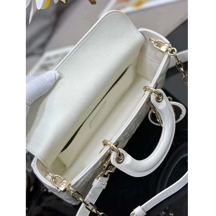 Dior Women CD Medium D-Joy Bag Latte Quilted-Effect Lambskin Ornamental Motif
