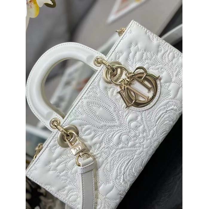 Dior Women CD Medium D-Joy Bag Latte Quilted-Effect Lambskin Ornamental Motif