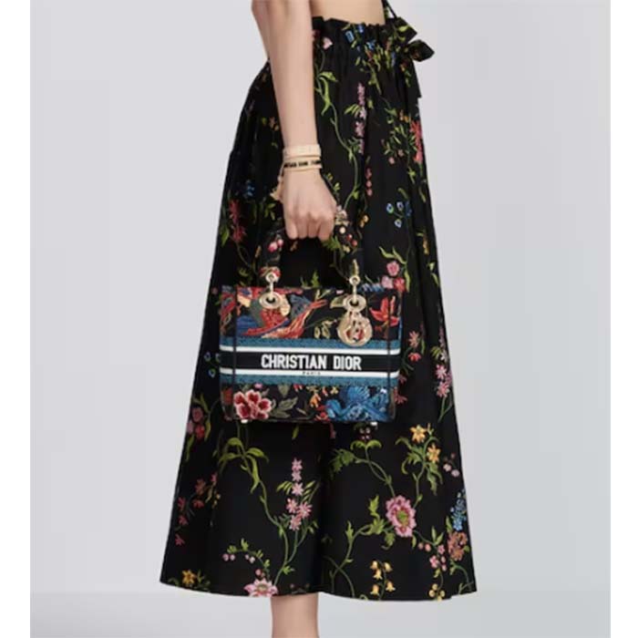 Dior Women CD Medium Lady D-Lite Bag Black Multicolor Dior Birds Embroidery