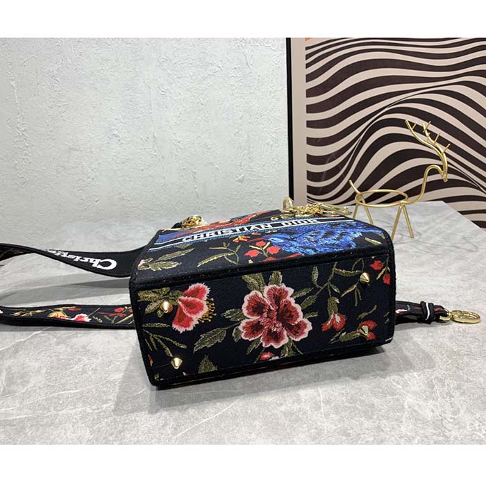 Dior Women CD Medium Lady D-Lite Bag Black Multicolor Dior Birds Embroidery