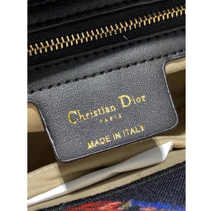 Dior Women CD Medium Lady D-Lite Bag Black Multicolor Dior Birds Embroidery