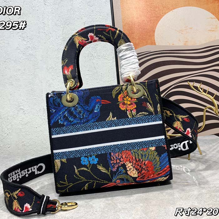 Dior Women CD Medium Lady D-Lite Bag Black Multicolor Dior Birds Embroidery