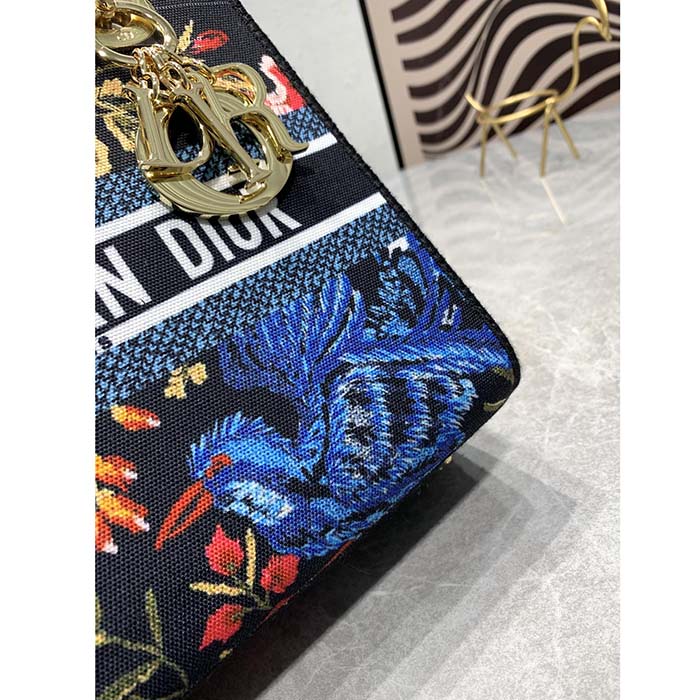 Dior Women CD Medium Lady D-Lite Bag Black Multicolor Dior Birds Embroidery