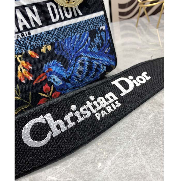 Dior Women CD Medium Lady D-Lite Bag Black Multicolor Dior Birds Embroidery