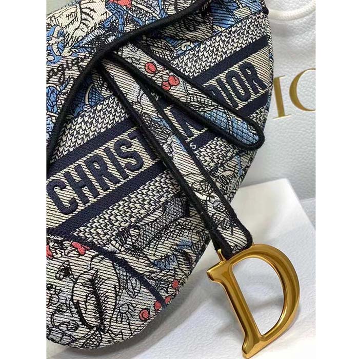 Dior Women CD Saddle Bag Denim Multicolor Dior Jardin Magique Embroidery