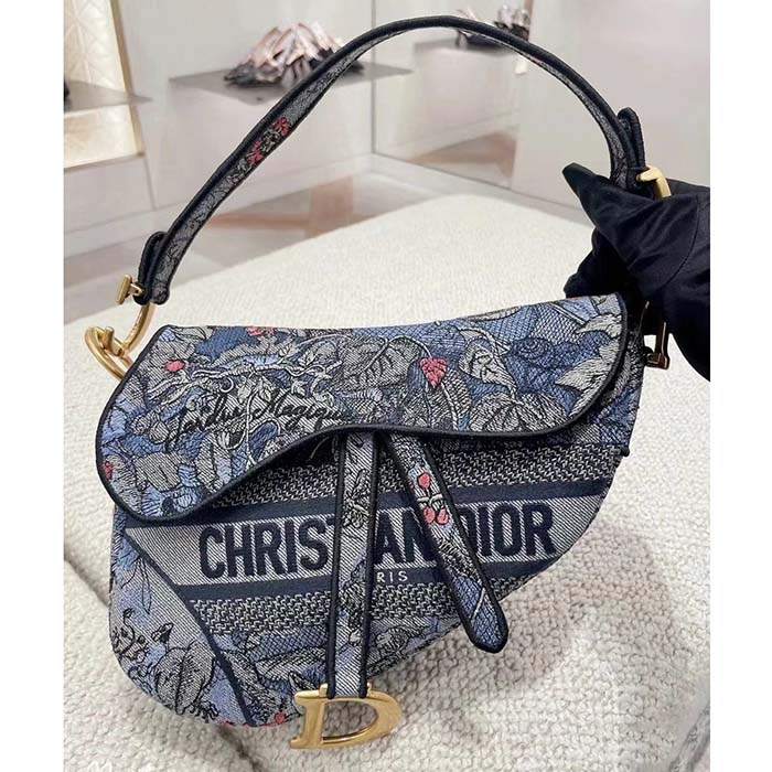 Dior Women CD Saddle Bag Denim Multicolor Dior Jardin Magique Embroidery