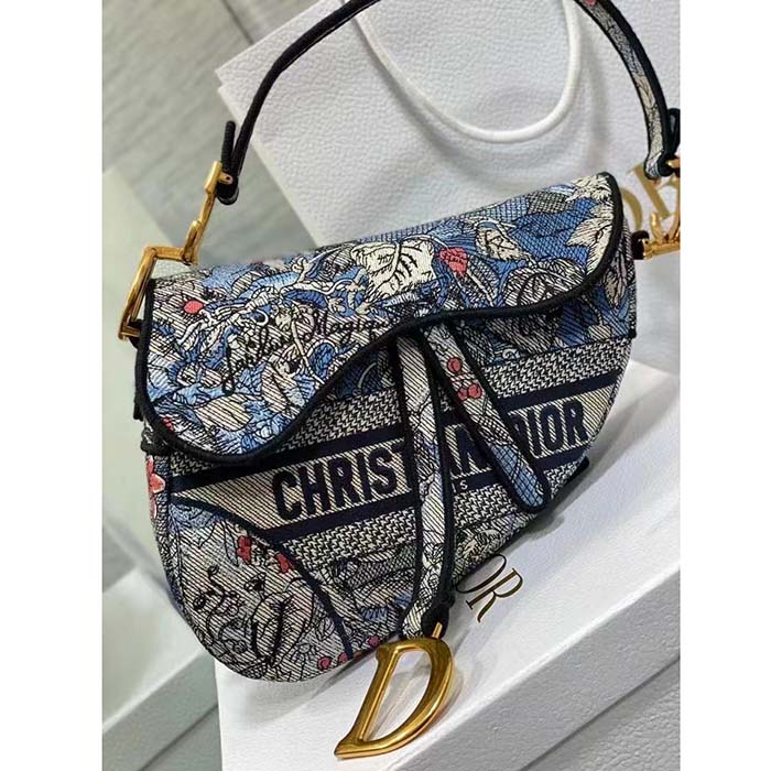 Dior Women CD Saddle Bag Denim Multicolor Dior Jardin Magique Embroidery