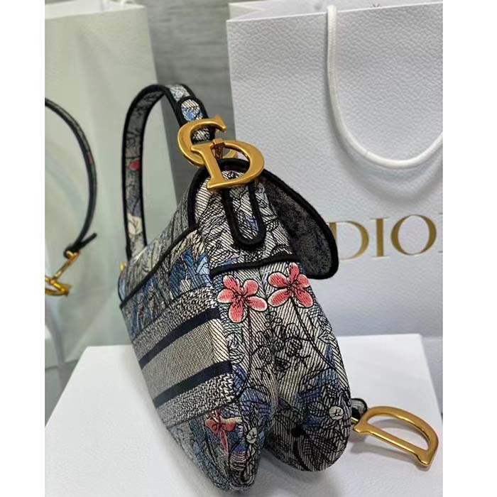 Dior Women CD Saddle Bag Denim Multicolor Dior Jardin Magique Embroidery